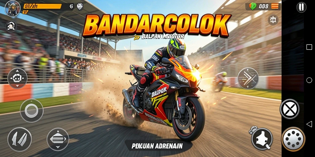 Screenshot gameplay BANDARCOLOK menunjukkan balapan motor yang menegangkan.